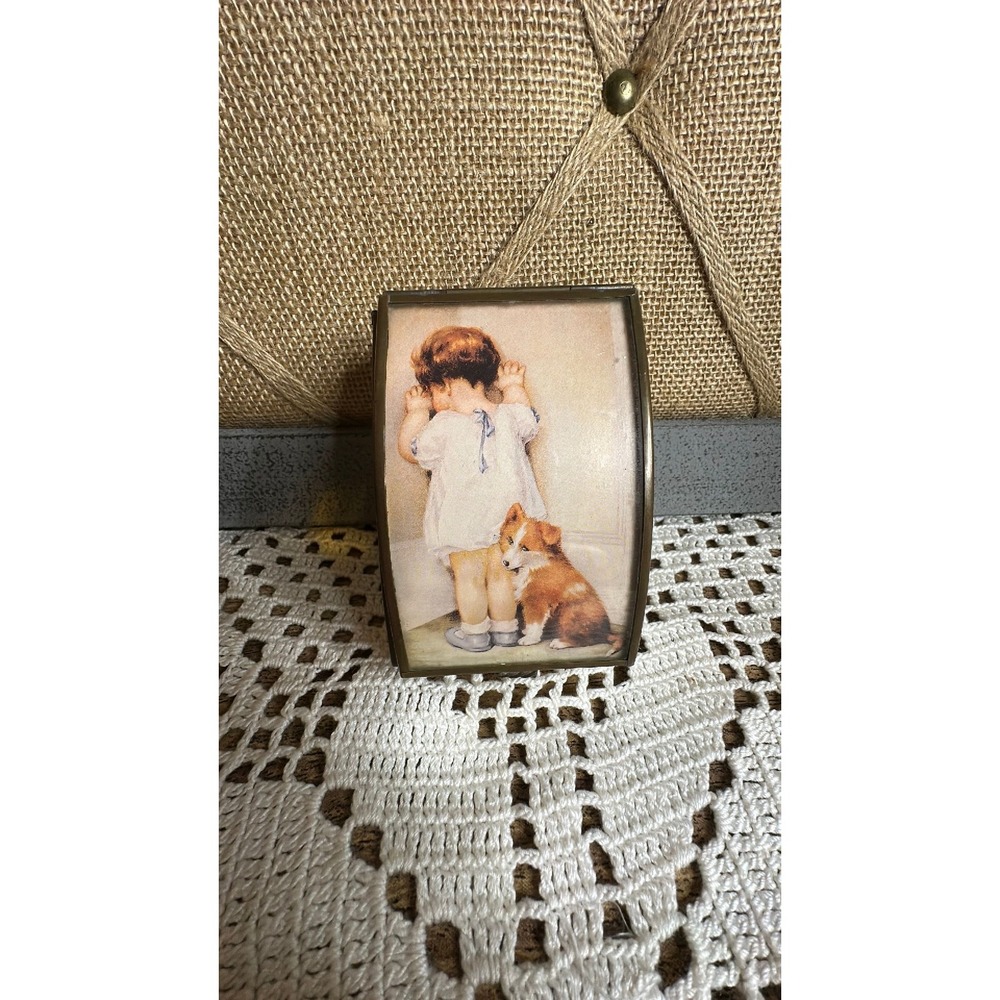 Vintage Glass & Brass Trinket Box by Via Vermont w/Lithograph Print